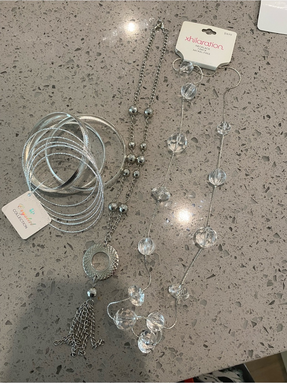 Xhilaration Silver and Clear Beaded Tassel Necklace Set
